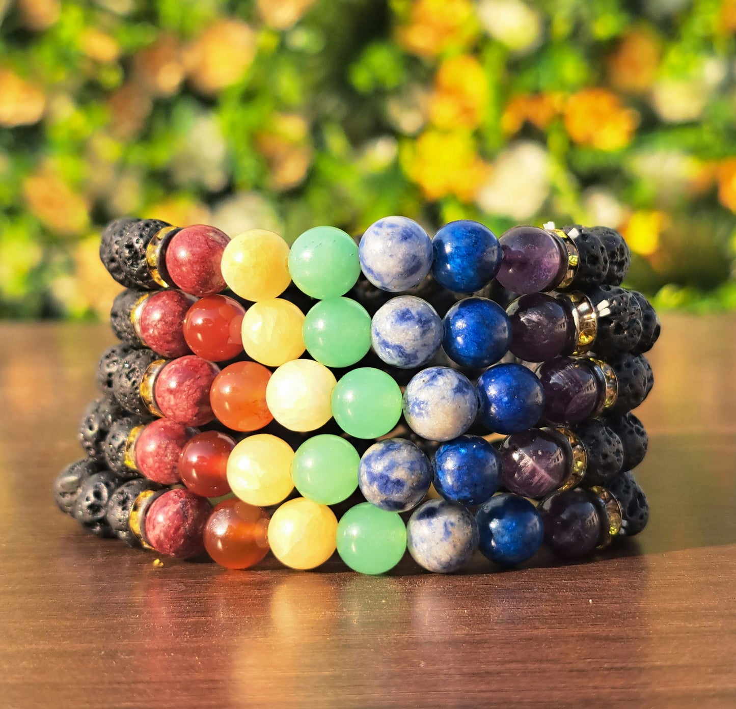 Seven Chakra Lava Beads(8mm) Bracelet-5-7 Inch