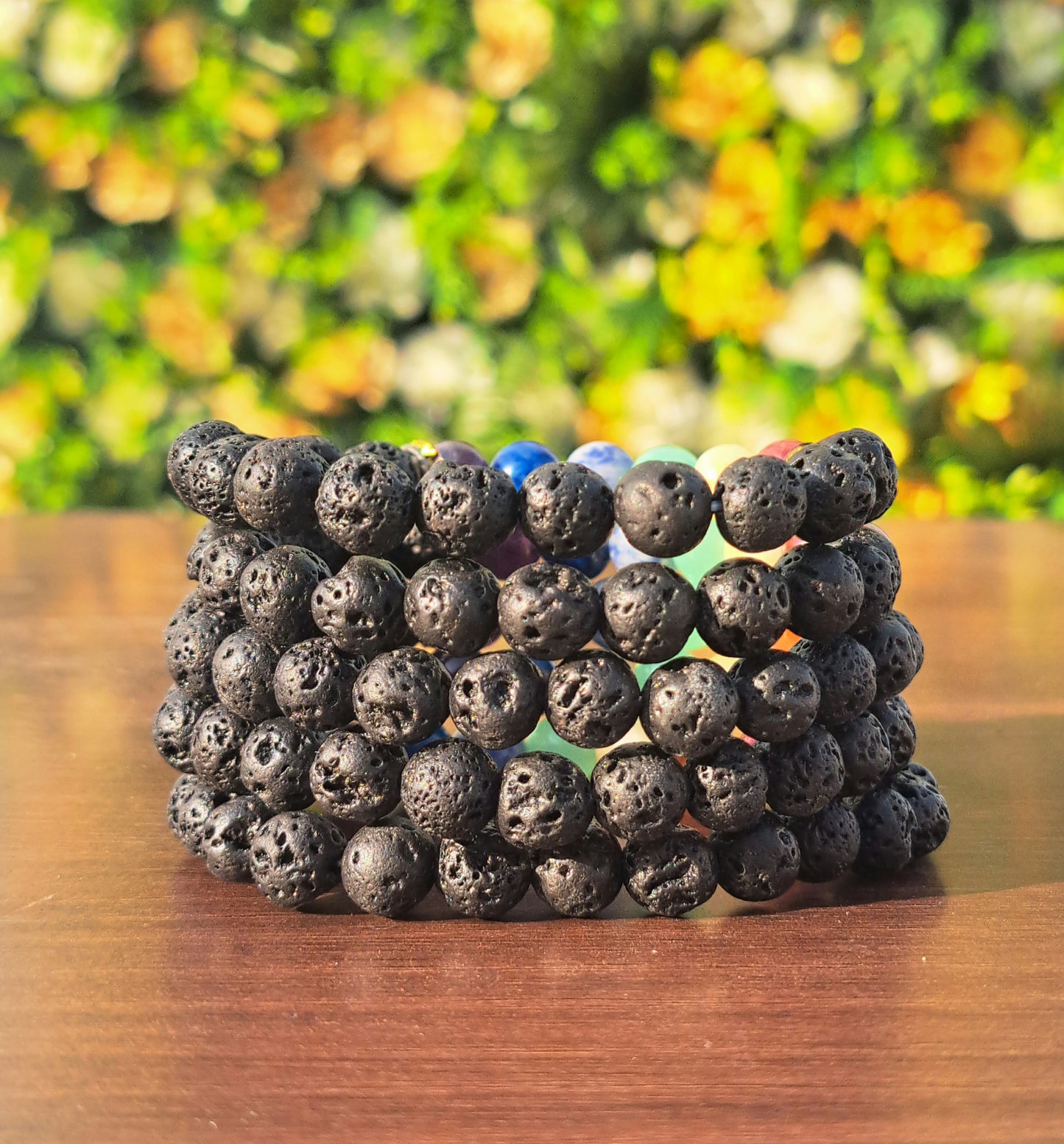 Seven Chakra Lava Beads(8mm) Bracelet-5-7 Inch