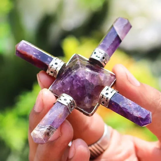 Amethyst Stone 4Pt Energy Generator Pyramid Crystal Healing Gemstone