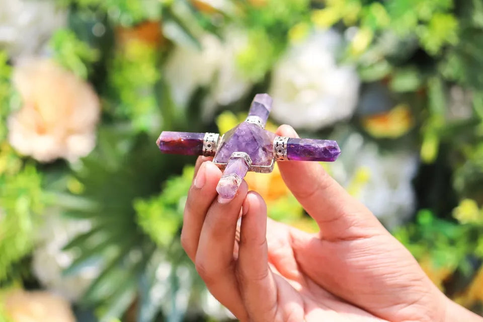 Amethyst Stone 4Pt Energy Generator Pyramid Crystal Healing Gemstone