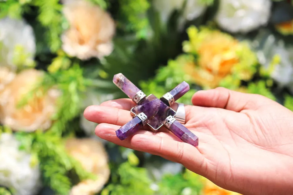 Amethyst Stone 4Pt Energy Generator Pyramid Crystal Healing Gemstone