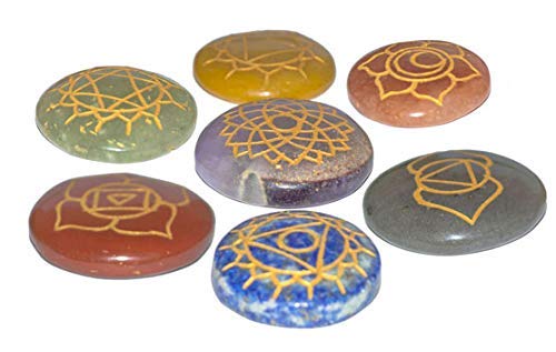 7 Pcs Seven Chakra Round Shape Stone Set with Engraved Chakra Symbol for Crystal Holistic Chakra Balancing Reiki Healing Gemstone Kit Size 25-30 mm