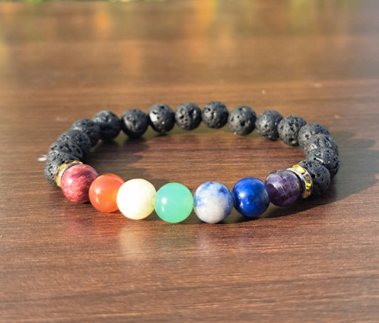 Seven Chakra Lava Beads(8mm) Bracelet-5-7 Inch