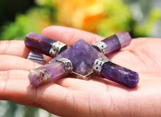 Amethyst Stone 4Pt Energy Generator Pyramid Crystal Healing Gemstone