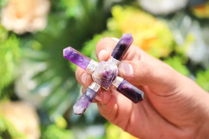 Amethyst Stone 4Pt Energy Generator Pyramid Crystal Healing Gemstone