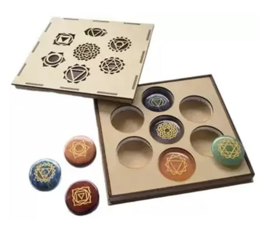 7 Pcs Seven Chakra Round Shape Stone Set with Engraved Chakra Symbol for Crystal Holistic Chakra Balancing Reiki Healing Gemstone Kit Size 25-30 mm