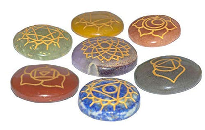 7 Pcs Seven Chakra Round Shape Stone Set with Engraved Chakra Symbol for Crystal Holistic Chakra Balancing Reiki Healing Gemstone Kit Size 25-30 mm