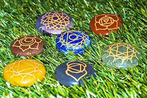 7 Pcs Seven Chakra Round Shape Stone Set with Engraved Chakra Symbol for Crystal Holistic Chakra Balancing Reiki Healing Gemstone Kit Size 25-30 mm